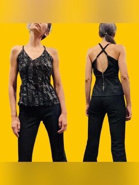 Soieblu Black Sequin Peplum Top Small Open Back Strappy Party Y2K